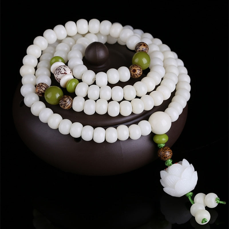Original Design Natural White Bodhi Root Beads Bracelet Lotus 108 Lotus Mala Healing Prayer Bracelet for Women Jewelry Gift